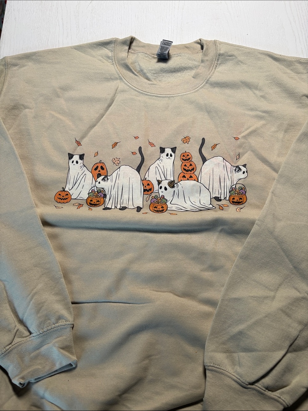 Gildan Beige Halloween Cat Sweatshirt with Pumpkin Graphics